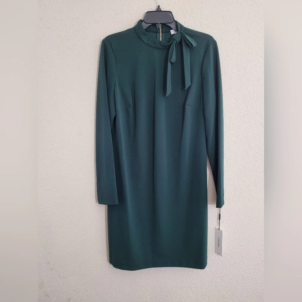Calvin Klein Dark Green Long Sleeve Dress With Tie Neck Detail NWT Size 12 - Picture 3 of 8